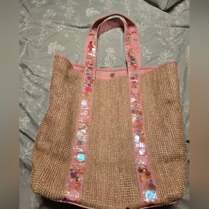Packed Party Pink and Tan Raffia Tote Bag